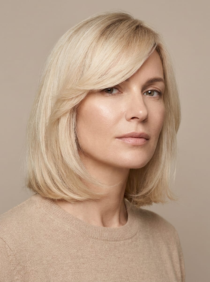 Seitlich gescheitelter Bob in Vanilleblond - Mittellanger blonder Bob
